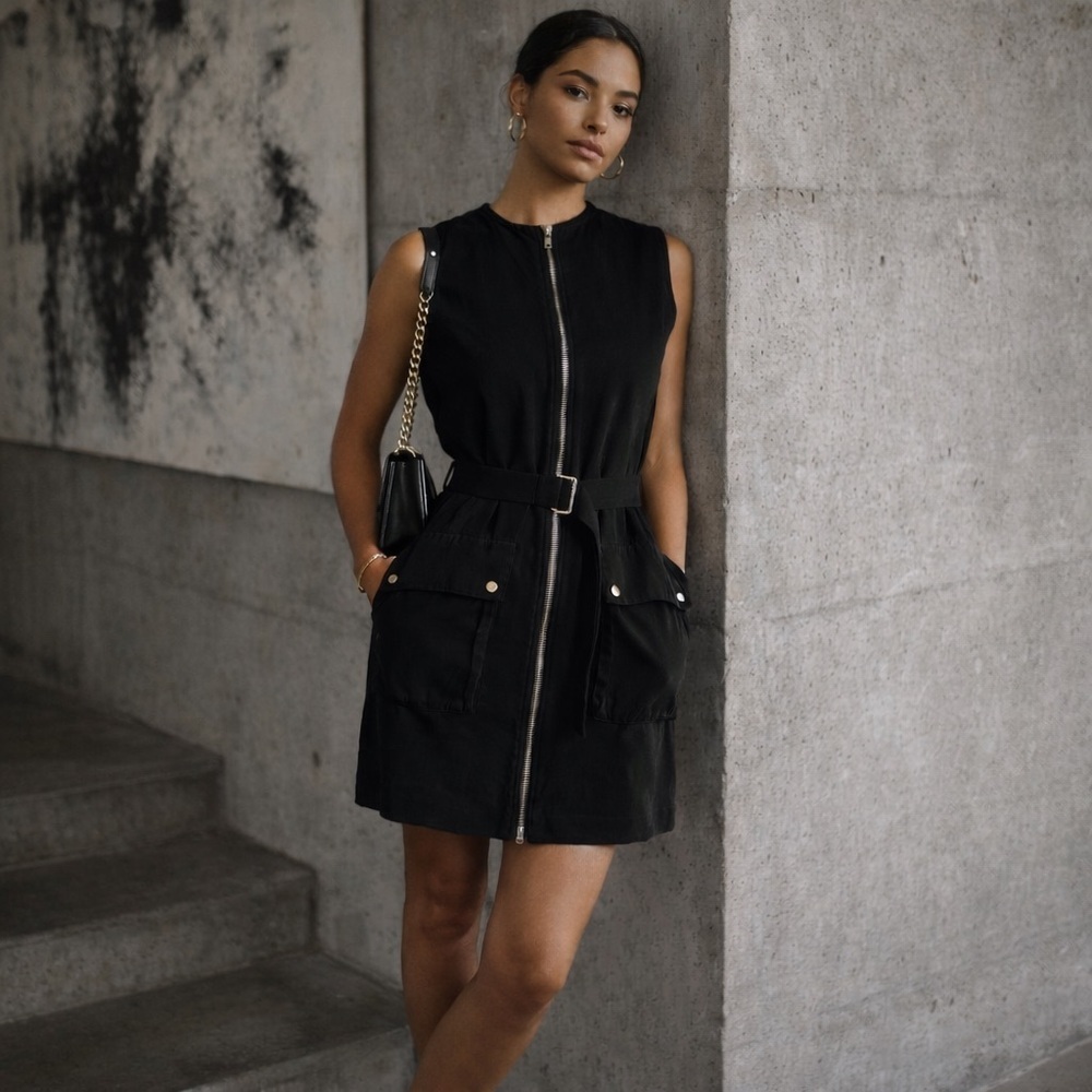 & Other Stories Sleeveless Utility Belted Zip Dress inn Black EU 34 / US 4